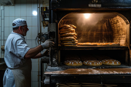 an oven worker preparing several loaves of bread.の素材