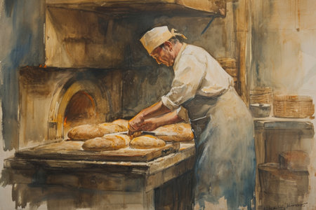 an oven worker preparing several loaves of bread.の素材