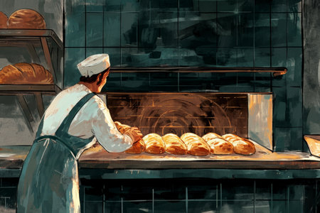 an oven worker preparing several loaves of bread.の素材