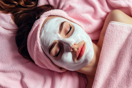 a woman at the spa is relaxing with towels and a face maskの素材