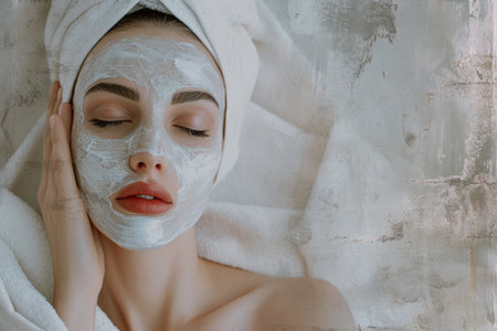 a woman at the spa is relaxing with towels and a face maskの素材