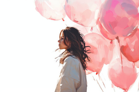 the girl is holding many pink balloons as her gift,birthday ,st valentine's dayの素材