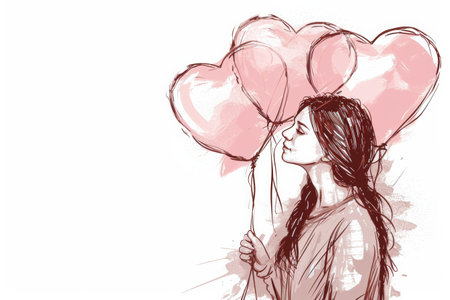 the girl is holding many pink balloons as her gift,birthday ,st valentine's dayの素材