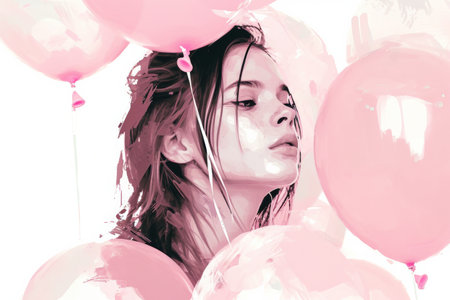 the girl is holding many pink balloons as her gift,birthday ,st valentine's dayの素材