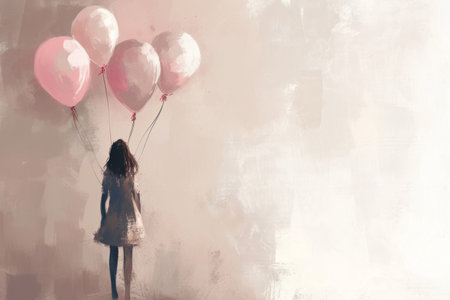 the girl is holding many pink balloons as her gift,birthday ,st valentine's dayの素材