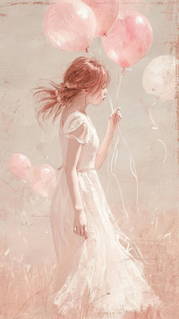 the girl is holding many pink balloons as her gift,birthday ,st valentine's dayの素材