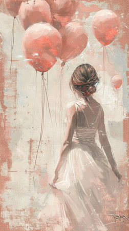 the girl is holding many pink balloons as her gift,birthday ,st valentine's dayの素材