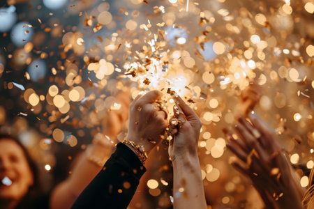 people are holding confetti at an event, in the style of light golden pink red, pop inspo.の素材