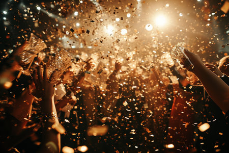 people are holding confetti at an event, in the style of light golden pink red, pop inspo.の素材
