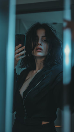 woman doing selfie at gym, in the style of snapshot aesthetic, mirror, dark black.の素材