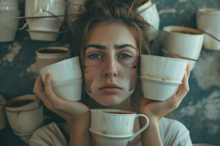 sleepy tired woman with dark circles and lots of coffee. High quality photoの素材