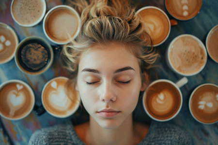 sleepy tired woman with dark circles and lots of coffee. High quality photoの素材