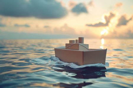 carton box in the shape of ship floating by the sea ,at the seaport,delivery concept.の素材