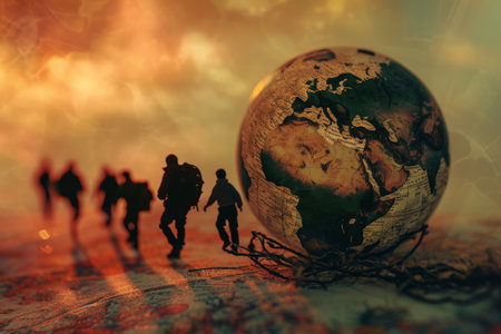 lots of refugees running away on the world map background.の素材