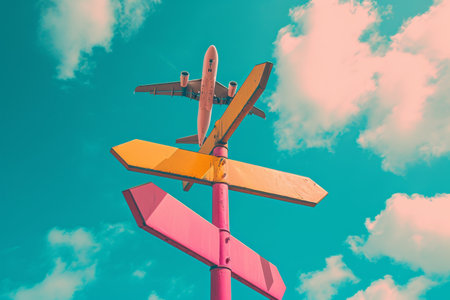 an arrow on a post pointing to different destinations.の素材