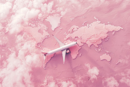 a pink world map with an airplane on it, in the style of pop inspo, soft pink and pink.の素材