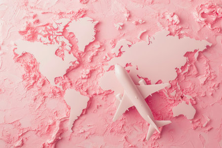 a pink world map with an airplane on it, in the style of pop inspo, soft pink and pink.の素材