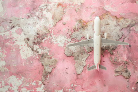 a pink world map with an airplane on it, in the style of pop inspo, soft pink and pink.の素材