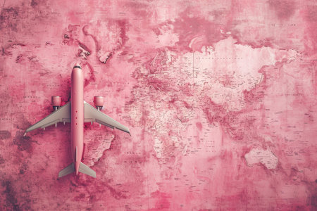 a pink world map with an airplane on it, in the style of pop inspo, soft pink and pink.の素材