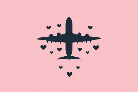 illustration outline of an airplane and heart on pink background, in the style of snapshot aestheticの素材
