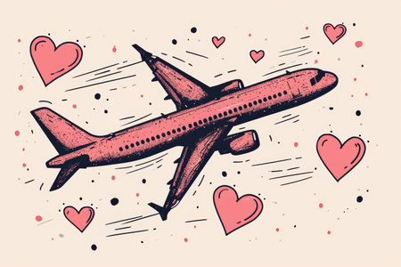 illustration outline of an airplane and heart on pink background, in the style of snapshot aestheticの素材
