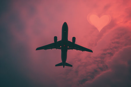illustration outline of an airplane and heart on pink background, in the style of snapshot aestheticの素材