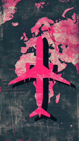 a pink world map with an airplane on it, in the style of pop inspo, soft pink and pink.の素材