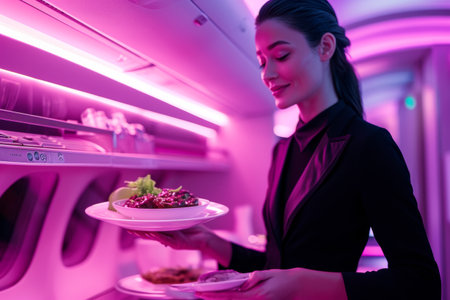 flight attendant offering food and drinks to passengers on an airplane.の素材