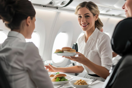 flight attendant offering food and drinks to passengers on an airplane.の素材