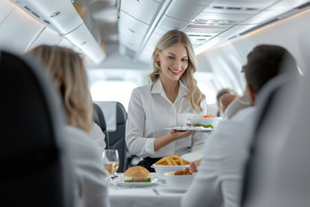 flight attendant offering food and drinks to passengers on an airplane.の素材