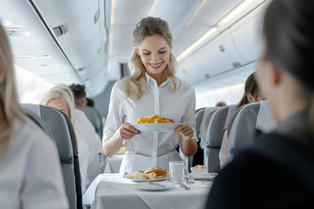 flight attendant offering food and drinks to passengers on an airplane.の素材