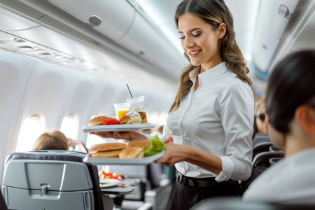 flight attendant offering food and drinks to passengers on an airplane.の素材