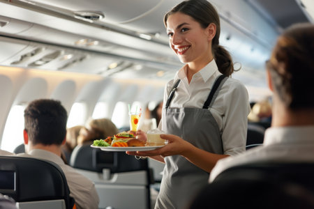 flight attendant offering food and drinks to passengers on an airplane.の素材
