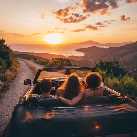 friends in convertible on a road trip in mountains and sea view on the sunset.の素材