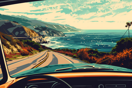 friends in convertible on a road trip in mountains and sea view on the sunset.の素材