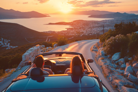 friends in convertible on a road trip in mountains and sea view on the sunset.の素材