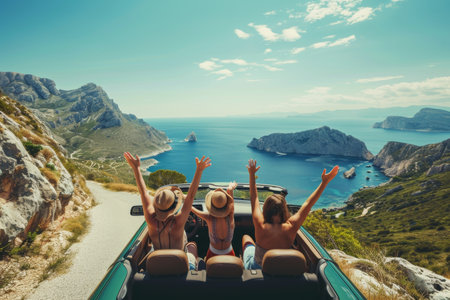 friends in convertible on a road trip in mountains and sea view on the sunset.の素材