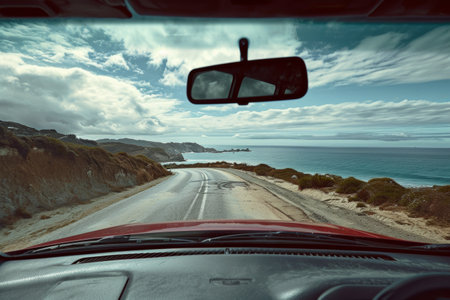 friends in convertible on a road trip in mountains and sea view on the sunset.の素材