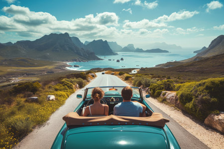 friends in convertible on a road trip in mountains and sea view on the sunset.の素材