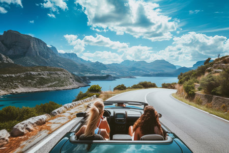 friends in convertible on a road trip in mountains and sea view on the sunset.の素材