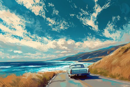 friends in convertible on a road trip in mountains and sea view on the sunset.の素材
