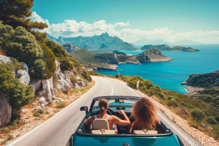 friends in convertible on a road trip in mountains and sea view on the sunset.の素材