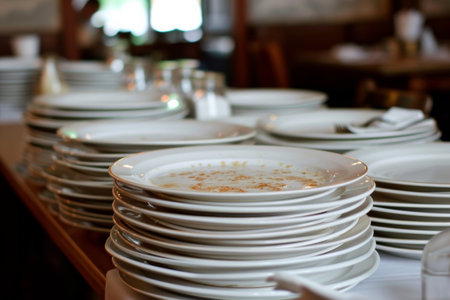lots of dirty white plates in restaurant.の素材