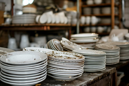 lots of dirty white plates in restaurant.の素材