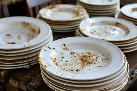 lots of dirty white plates in restaurant.の素材