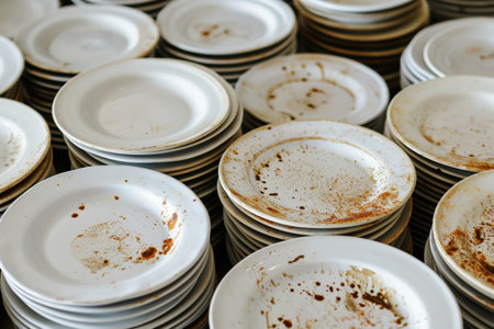 lots of dirty white plates in restaurant.の素材