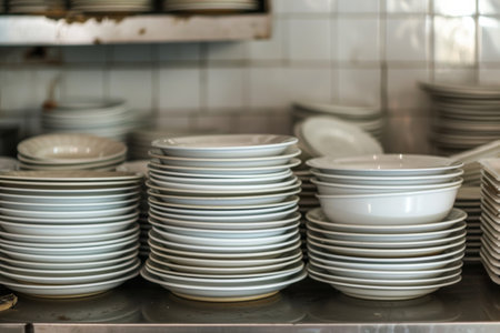 lots of dirty white plates in restaurant.の素材