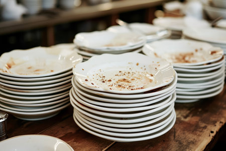 lots of dirty white plates in restaurant.の素材