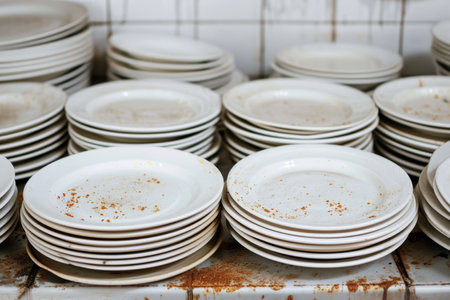 lots of dirty white plates in restaurant.の素材