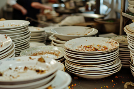 lots of dirty white plates in restaurant.の素材